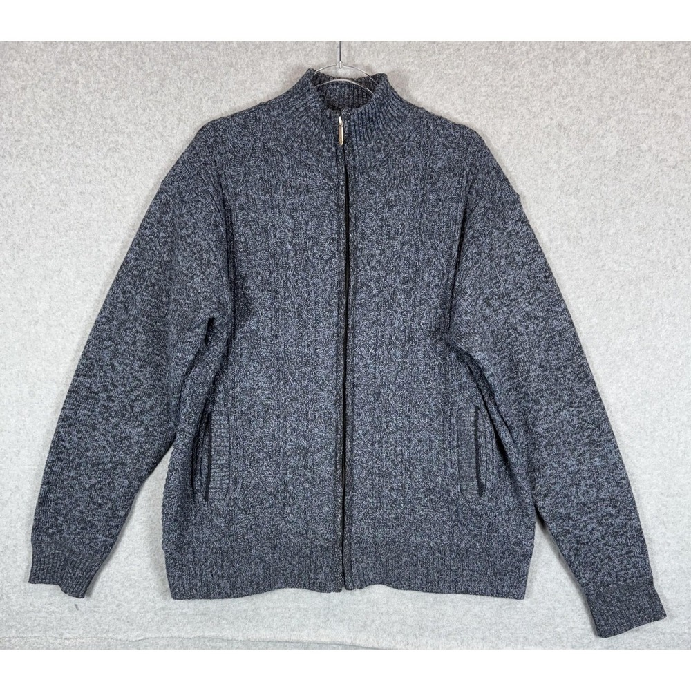 Full Zip Sweater Jacket Mens XL Gray Knit Plaid Fleece Lined Pullover Warm